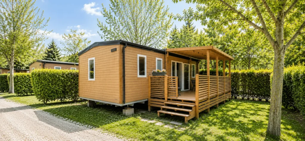 Mobilheim mit Holzterrasse im Camping Saint Gabriel in Tarascon