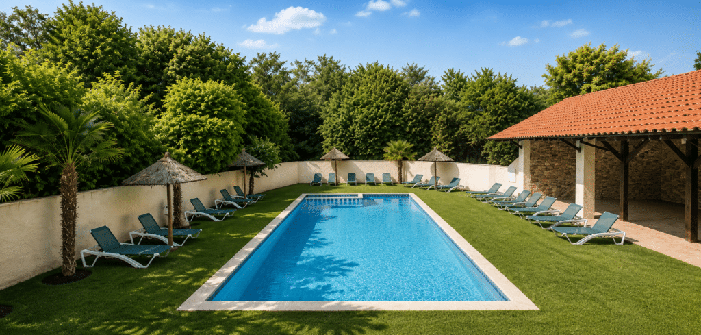 Beheizter Pool mit Liegestühlen im Camping Saint Gabriel in Tarascon