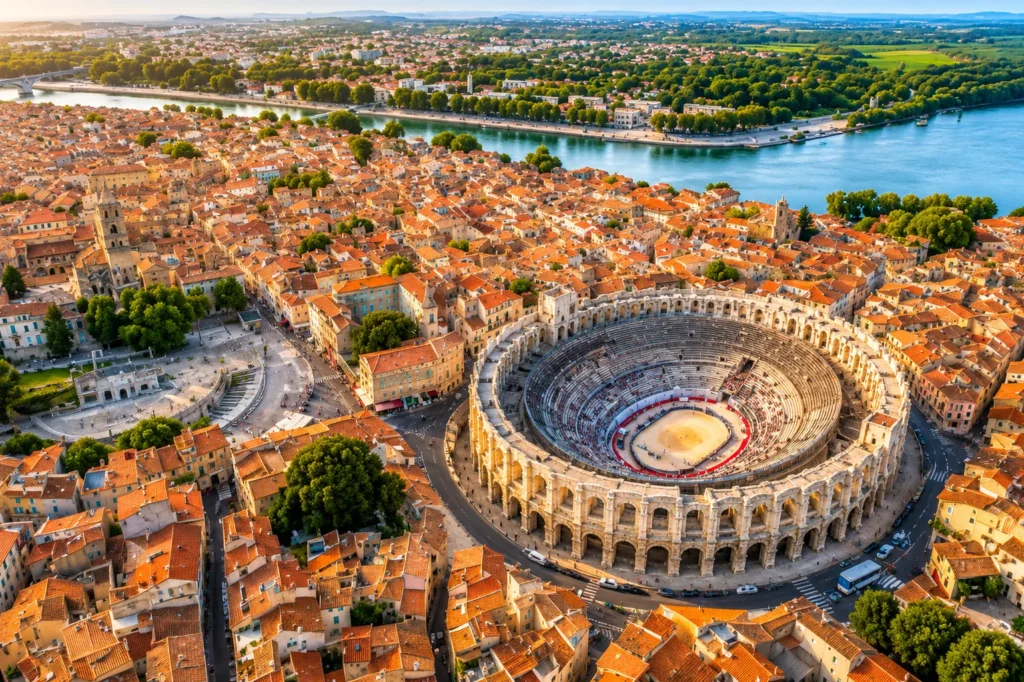 « Château de Tarascon » by Wolfang Staudt is licensed under CC BY 2.0 DEED Vue aérienne des Arènes d'Arles et du centre historique classé UNESCO en Provence