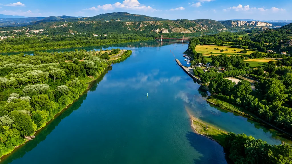 Vue aérienne du Rhône entre Alpilles et Camargue près du Camping Saint Gabriel