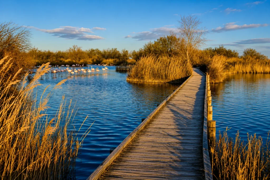 Zone humide et passerelle en bois dans le delta du Rhône en Camargue