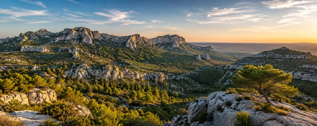 Panoramablick auf die Alpilles bei Sonnenuntergang in der Provence nahe dem Camping Saint Gabriel