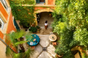 Cour intérieure provençale typique avec végétation méditerranéenne en Provence